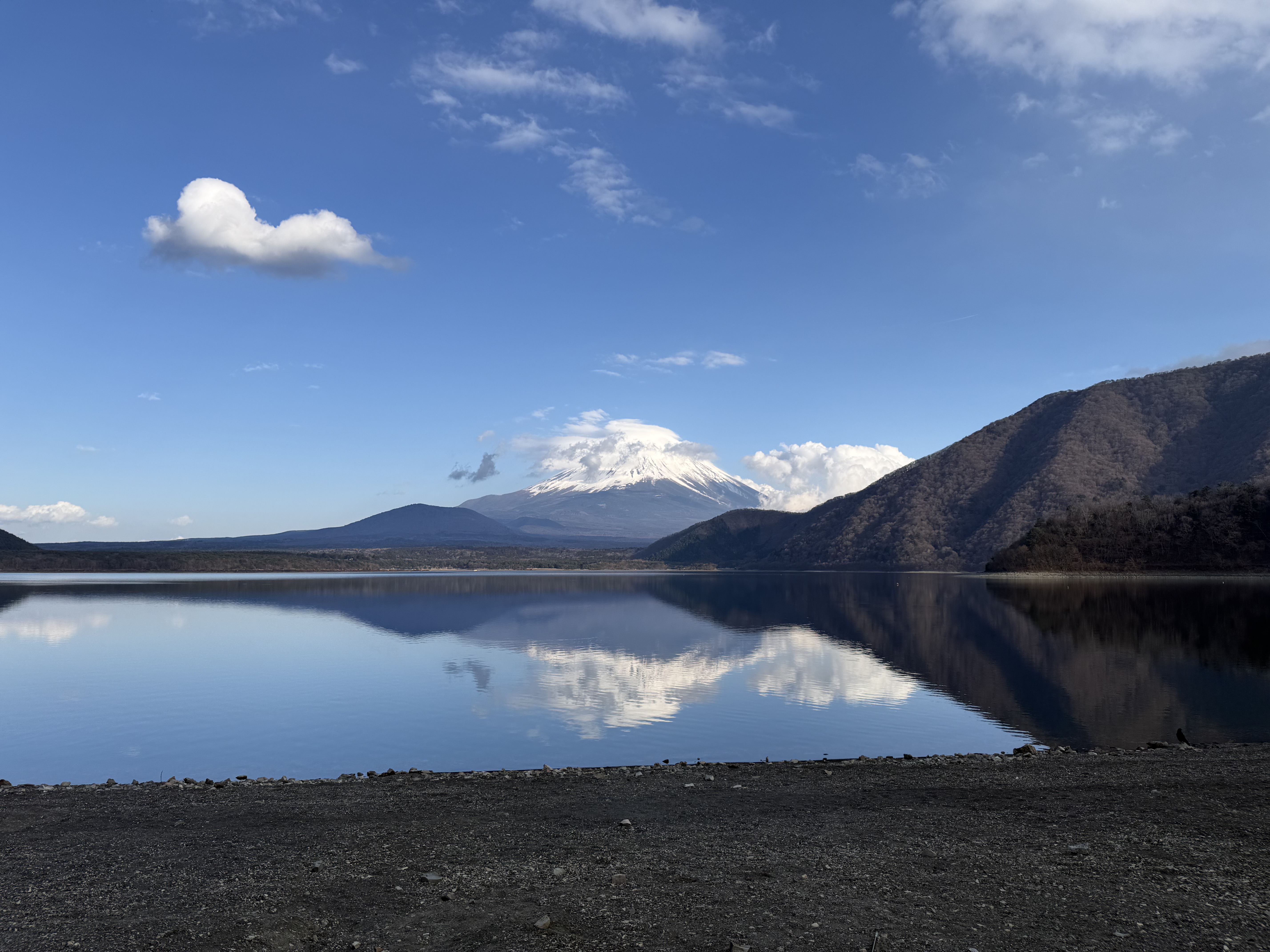 Mount Fuji reflected in Lake Motosu from Kouan campground